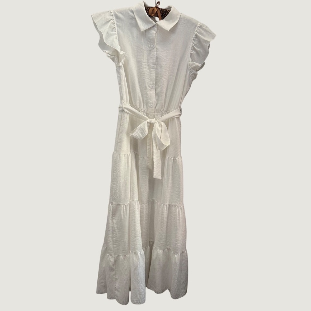 Fashion White Tiered Maxi Dress Ruffle Sleeve Button Front Belted Pockets M